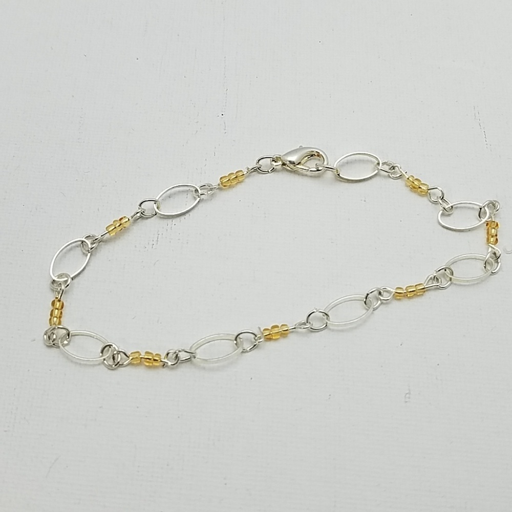 Silver Tone Ankle Or Wrist Bracelet 9" Yellow Bead